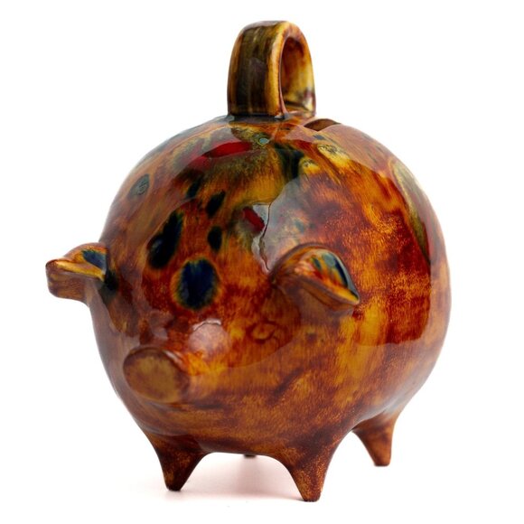Vintage Handcrafted Ceramic Piggy Bank With Handle and Abstract Glaze Design - Picture 10 of 11